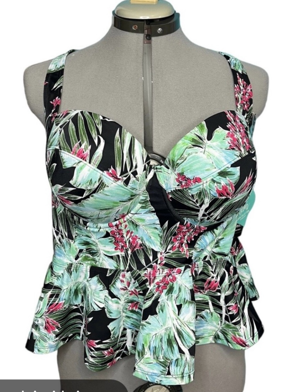 Torrid Black Light Green and Pink Tropical Swim Top